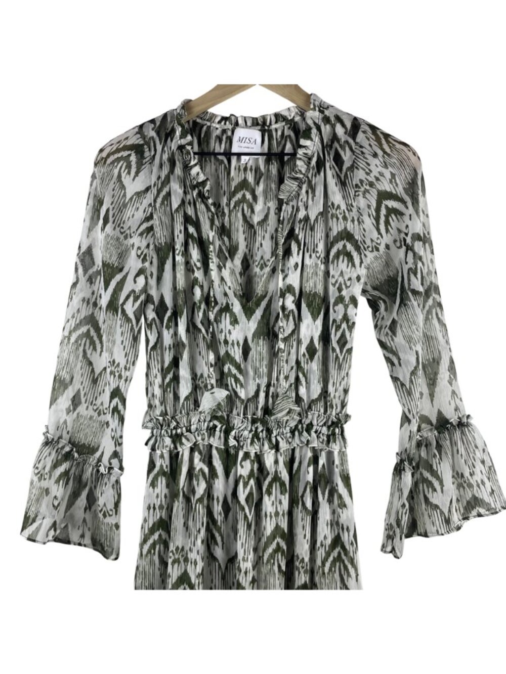 MISA Los Angeles Hadeya Green White Ikat Print Tiered Midi Dress Ruffles Small - Picture 2 of 13
